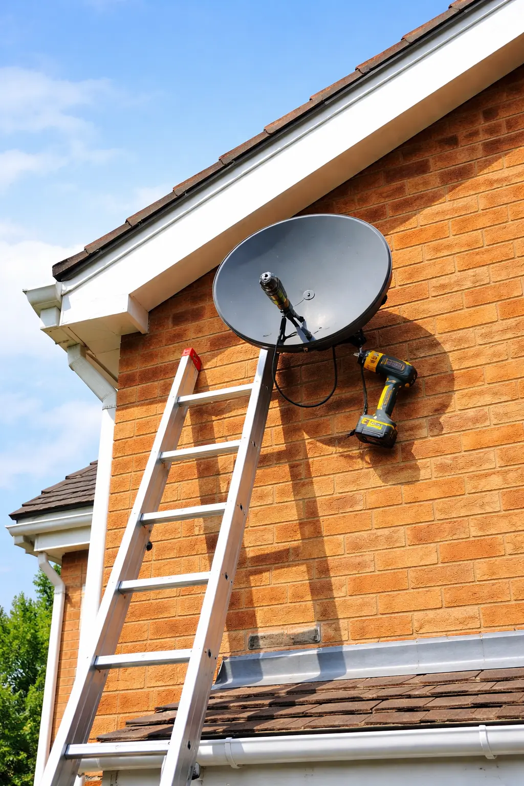 AI generated image of a satellite dish on the side of a house.