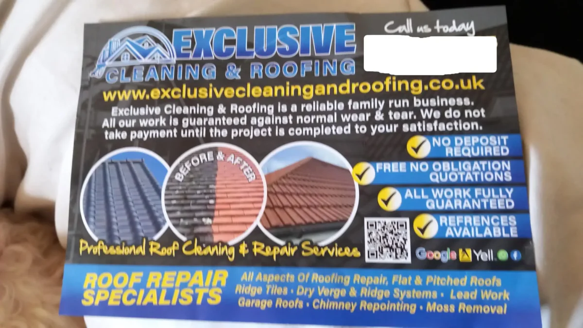 Leaflet used by rogue roof cleaning company showing fake website and non-working QR code